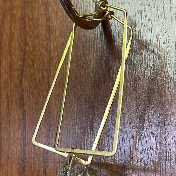 brass rectangle earrings w/ raw stone/crystal - Picture 7 of 11